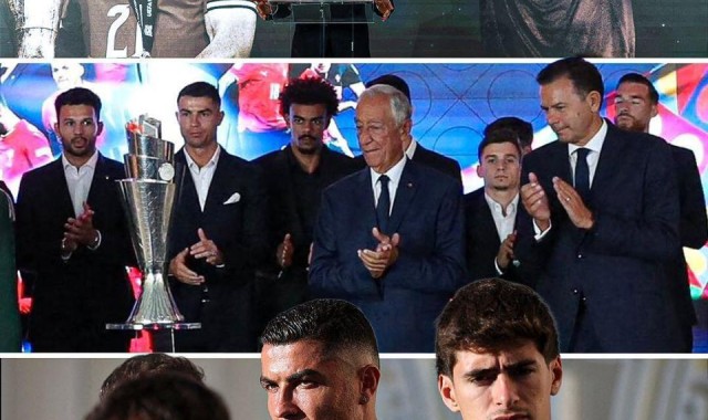 眼眶泛红！C罗出席若塔追掉仪式，拥抱若塔父亲+展示欧国联奖杯
